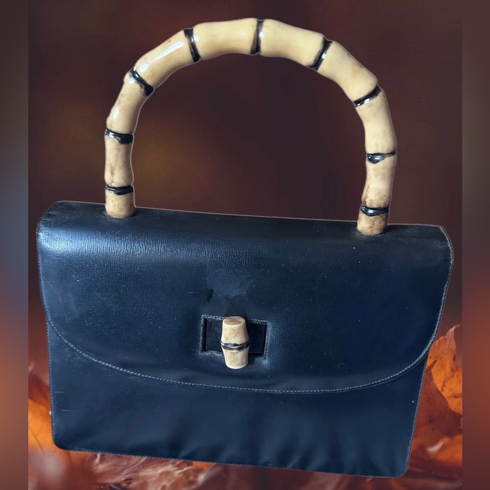 Susan Gail Vintage Black Handbag with Bamboo Handle & Front Bamboo Clasp